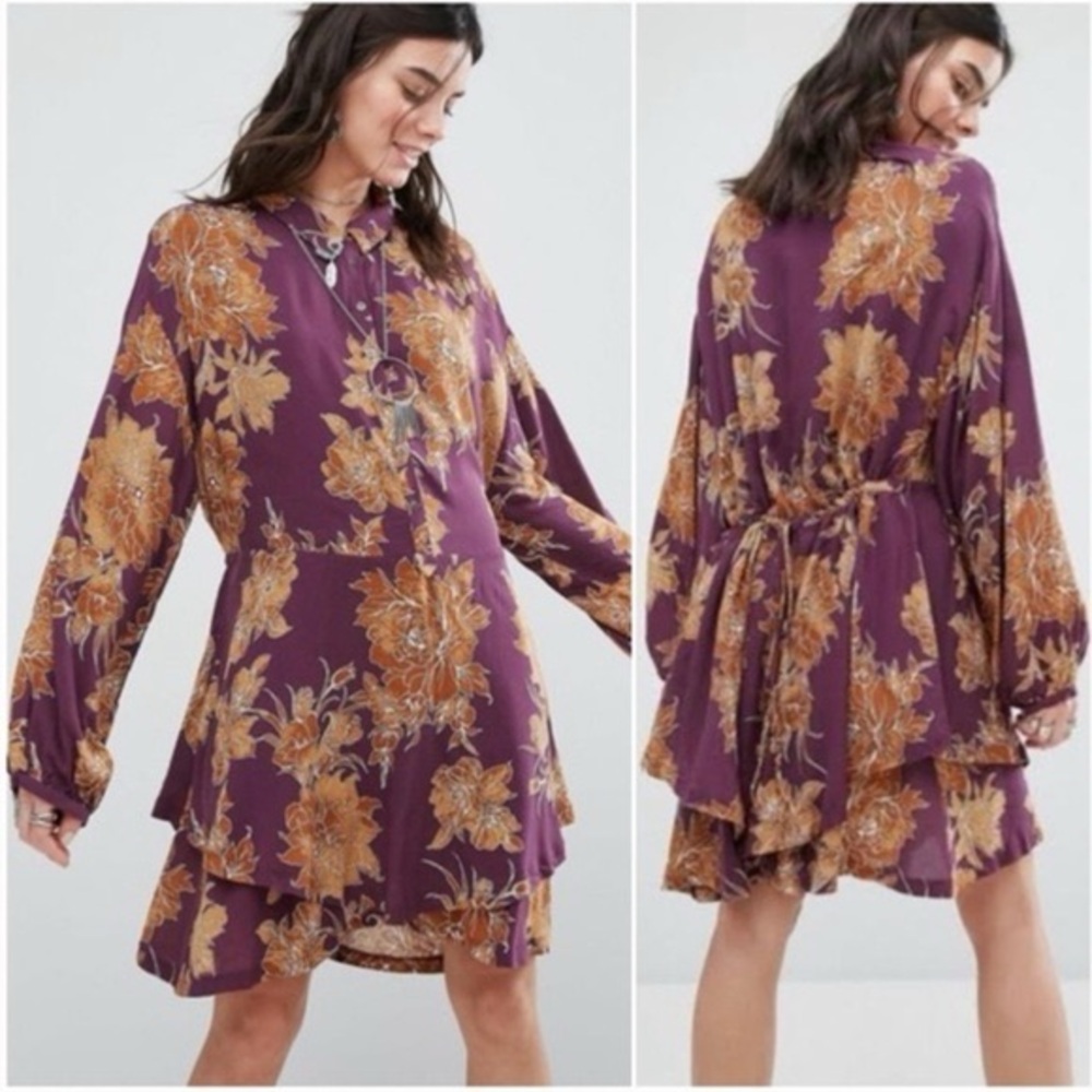 Free People Shake It Mini Dress in Purple/Gold Floral Long Sleeve Dress, Small